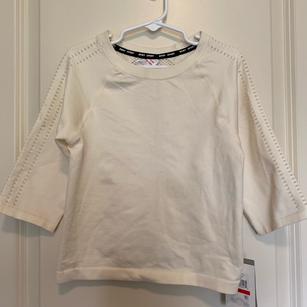DKNY Sport Womens White Elastic T-Shirt "Keep Away From Fire" Top Size XS